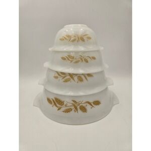 Vintage Sears Golden Harvest Wheat Milk Glass Mixing Bowls Set 4 by Jeannette